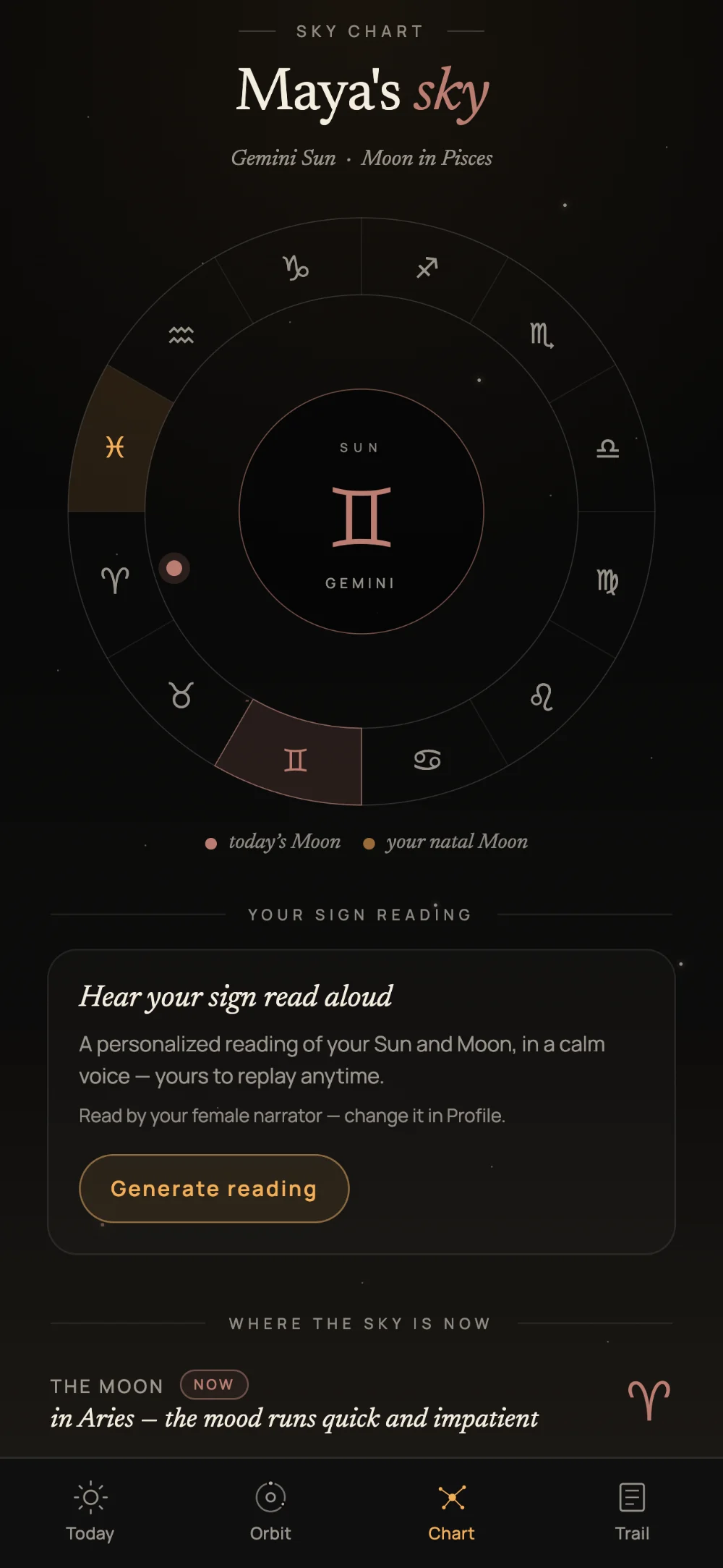 Numbers & Signs sky chart — a zodiac wheel with a Gemini Sun, the natal Moon marked, and today's Moon moving through it