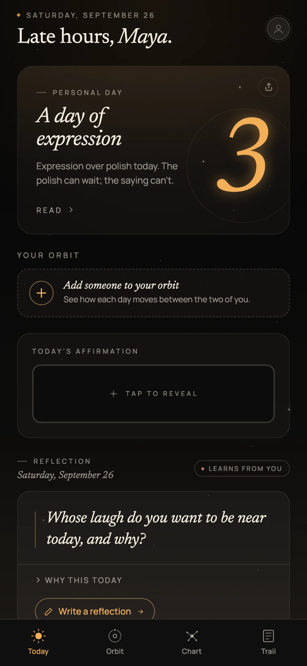 Numbers & Signs Today screen — a Personal Day reading with a large gold numeral 11